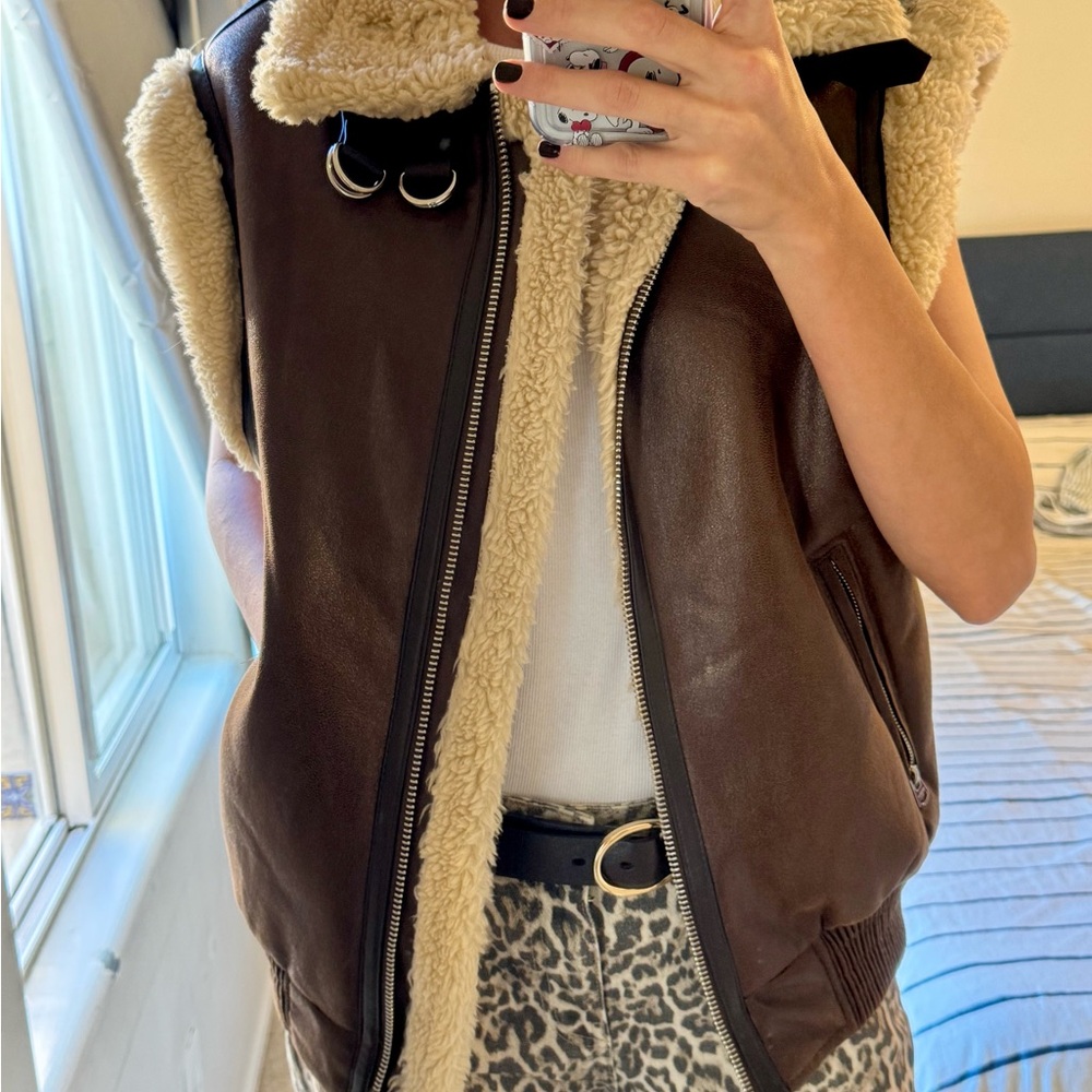 Bershka Brown Faux Leather Shearling Aviator Vest - size s